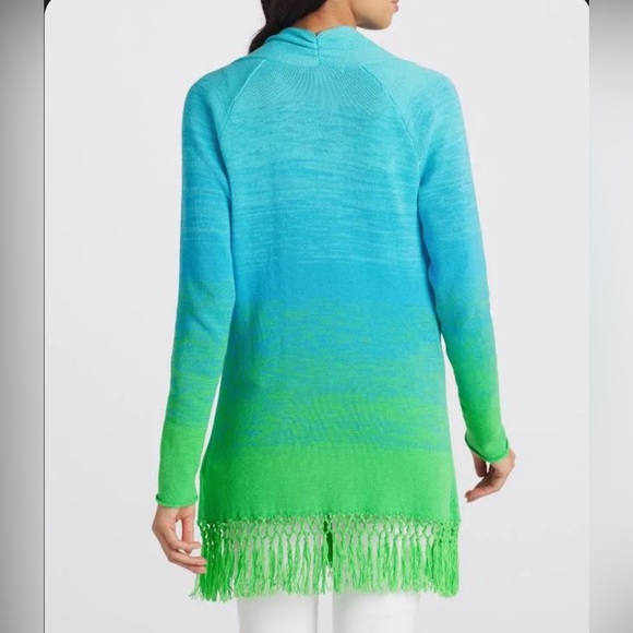 LILLY PULITZER TATUM FRINGE GECKO GREEN MARLED OMBRE CARDIGAN SWEATER - Picture 2 of 5